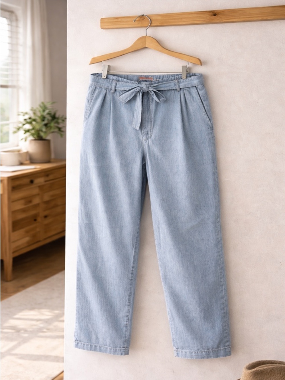 Anthro Cartonnier Tencel Tie Waist Pants Large Chambray Blue Wide Leg
